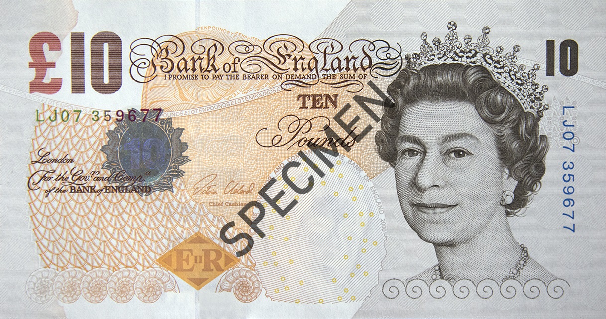 Front of a paper ten pound note