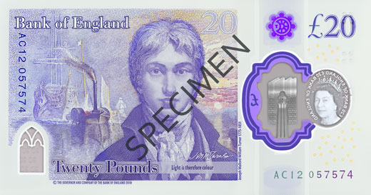 Ejemplar que muestra el reverso de un billete de veinte libras
