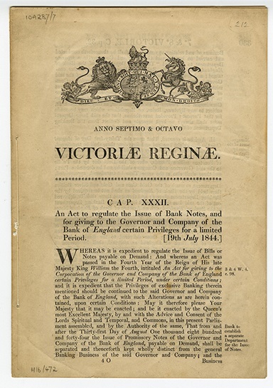 Front page of the Bank Charter Act 1844