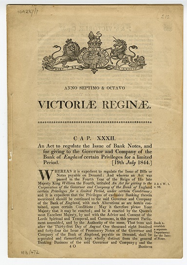 Front page of the Bank Charter Act 1844