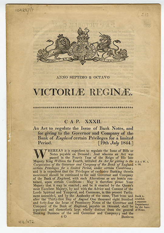 Front page of the Bank Charter Act 1844