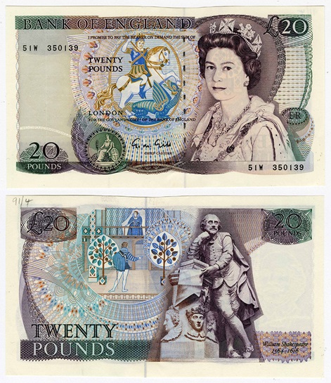 First pictorial note featuring William Shakespeare, issued in 1970 Front and back design of first pictorial £20 note