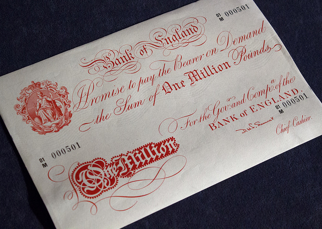 'Giant' banknote, with a value of £1 million One million pound banknote