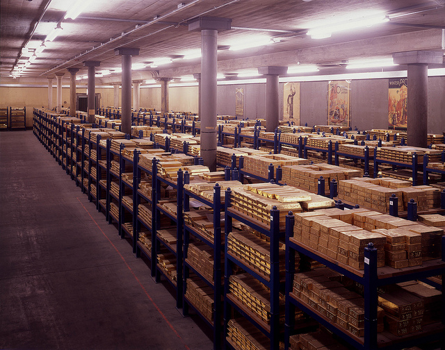 Rows of gold stacked up on shelves in the vaults
