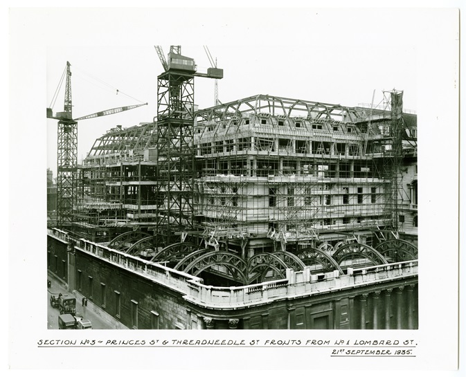 Street view of construction work on the Bank of England in 1935