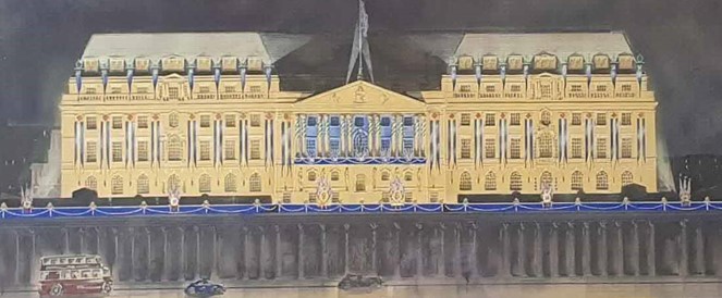 The Bank of England lit up for the coronation of George VI in 1937. The new building is a huge, modern structure completely lit up by floodlights and standing out brightly from the dark background. 