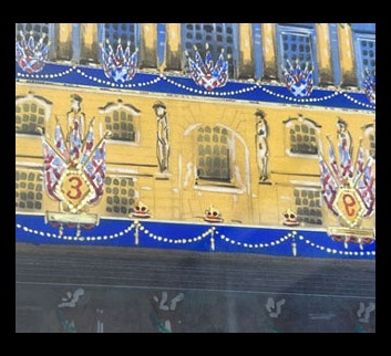 A detail of the drawing of the illuminations of the Bank in 1937. There are models of crowns along the wall of the Bank, joined by strings of lights.