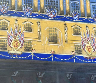 A detail of the drawing of the illuminations of the Bank in 1937. There are models of crowns along the wall of the Bank, joined by strings of lights.