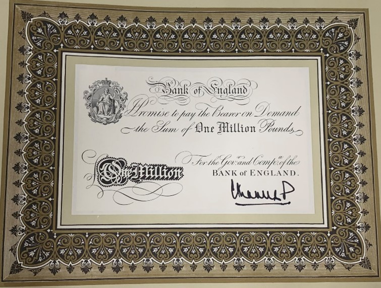 A black and white banknote pasted onto a page of a book, with an elaborate border around it. The signature on the banknote reads ‘Charles P’.