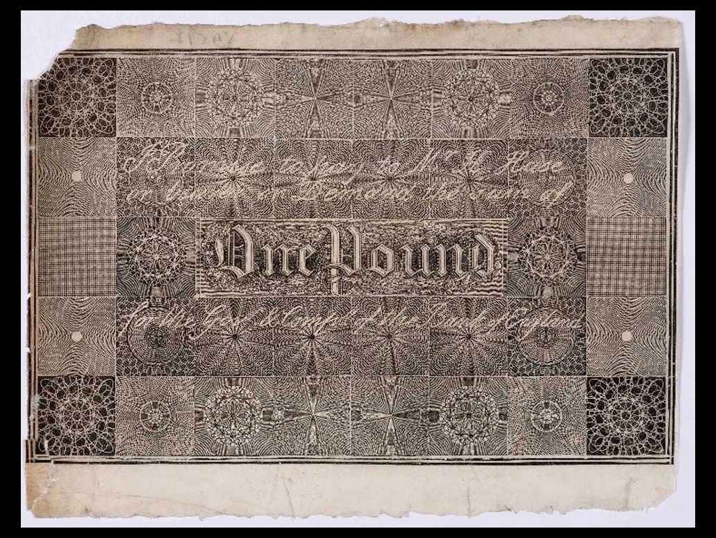 Inimitable note test design, Applegath & Cowper, c. 1820. Bank of England Museum: 545/002