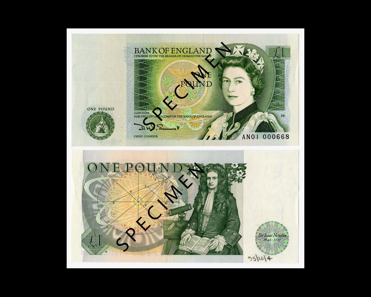 £1 banknote (Series D) showing Isaac Newton, from about 1978-88
