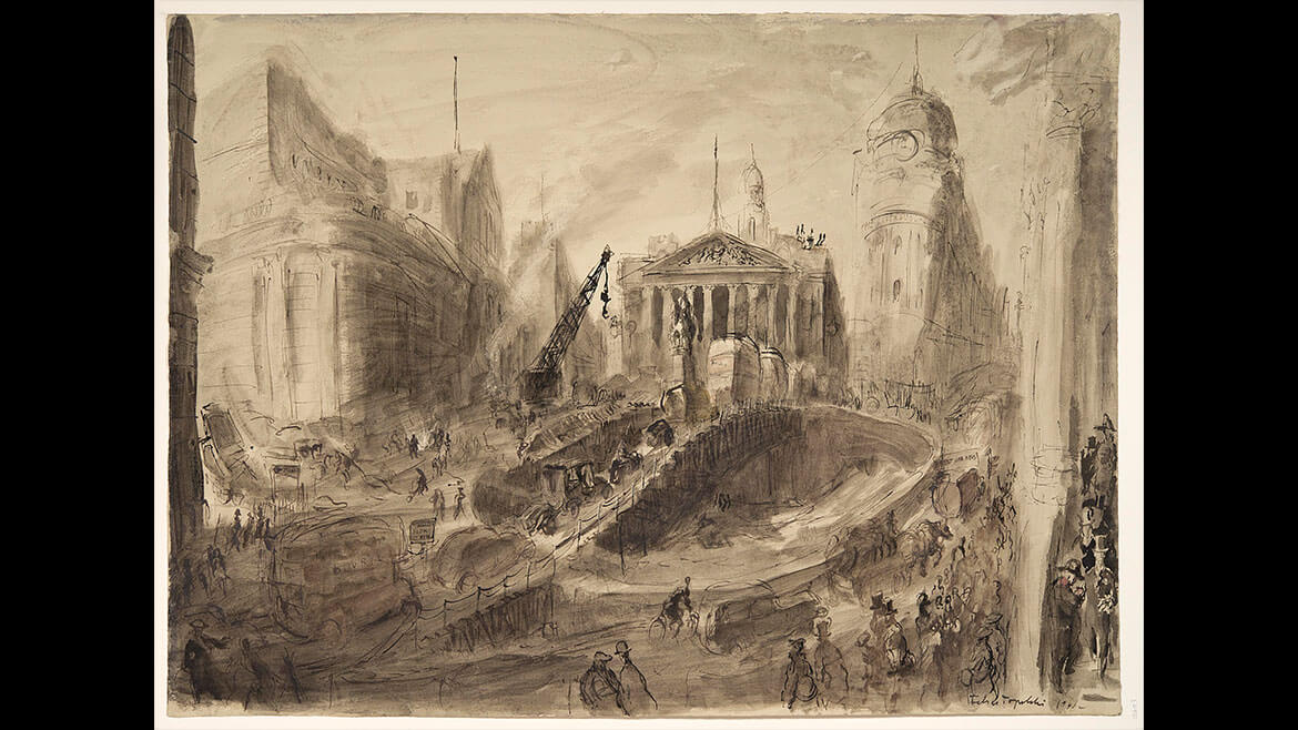 Feliks Topolski, War damage outside the Bank of England, January 1941