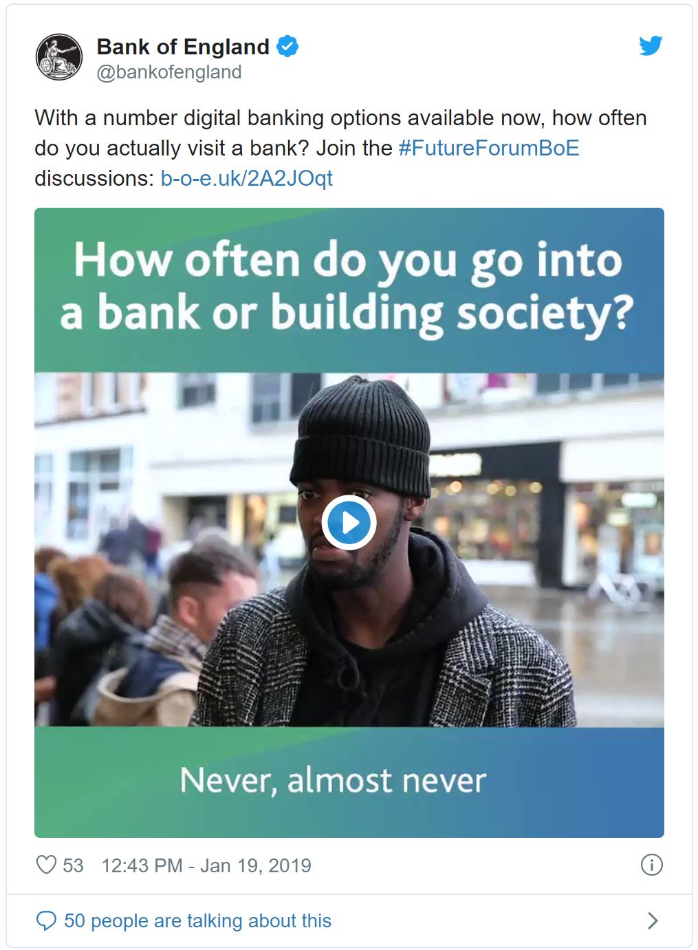 Tweet asking 'How often do you go into a bank or building society?'